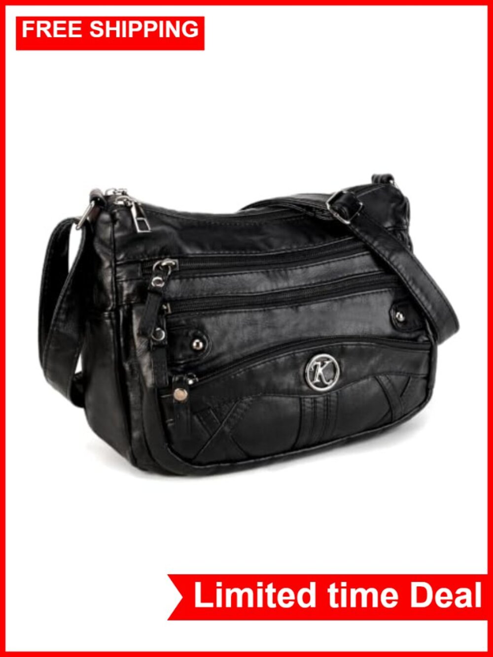 Faux Leather Crossbody Bag Multi Zipper Pockets Wide Strap Purse